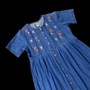 Vintage Denim Dress Button Up Jumper Floral Embroidery Blue Flower Cottage READ